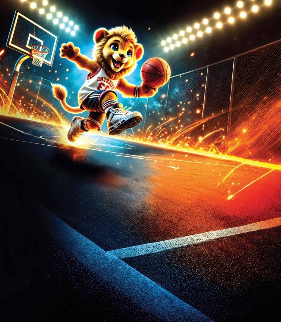 A cartoon bear dunking a basketball
