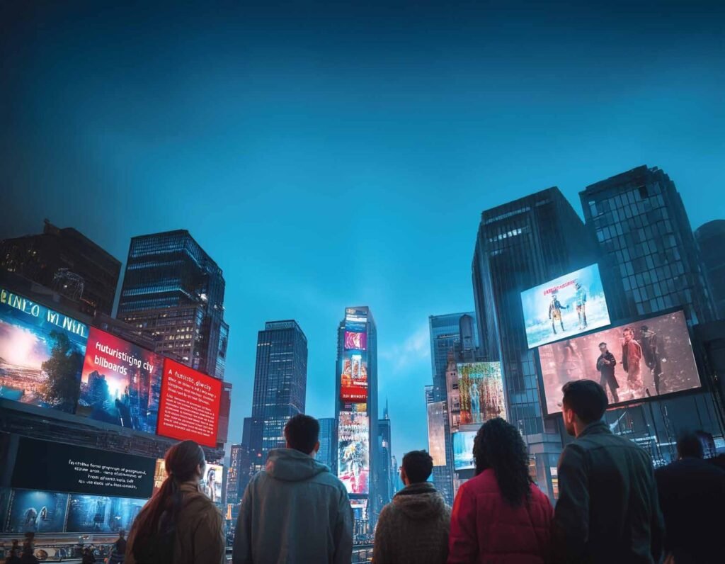 A city street at night lit by animated billboards
