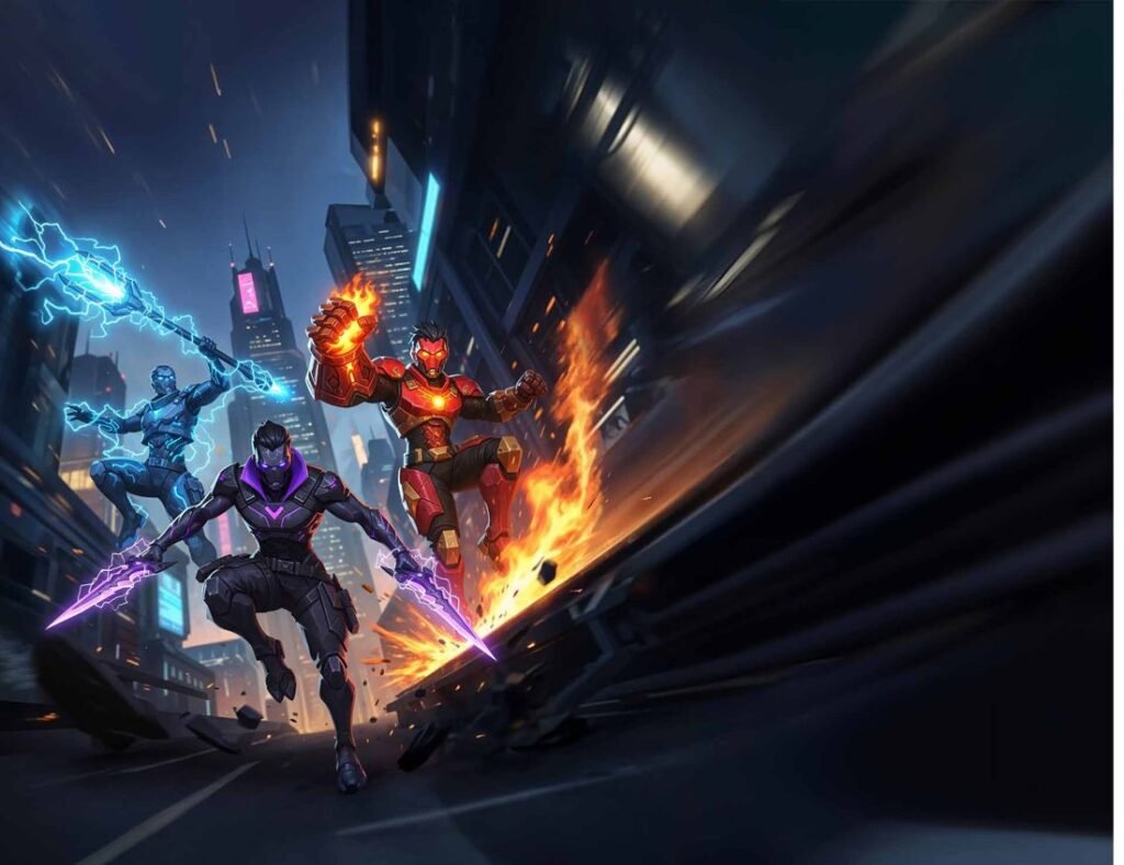 Game heroes clashing in a burst of fire
