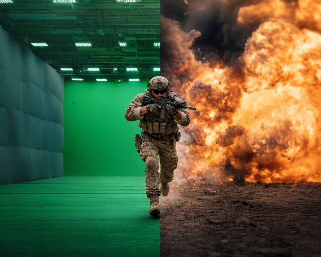 A soldier running from an explosion in front of a green screen