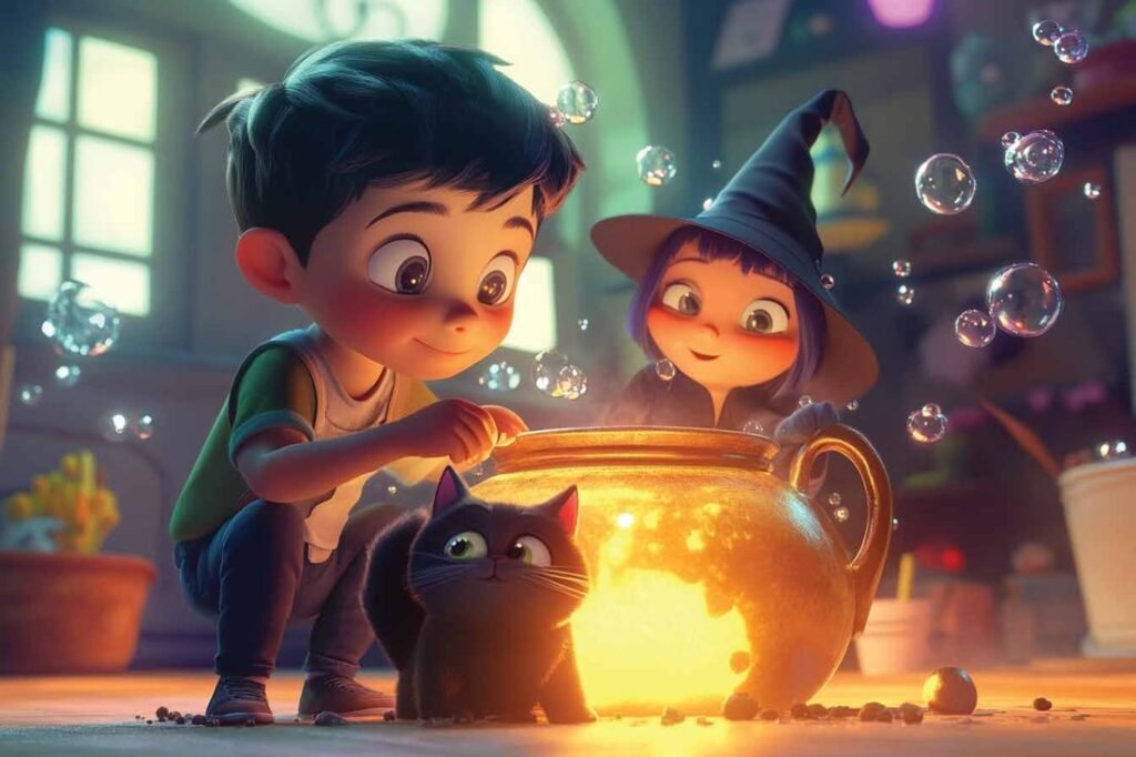 Two cartoon children brewing a potion with a black cat