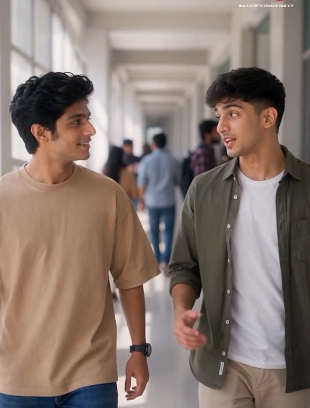 Two friends talking about creative courses in a corridor