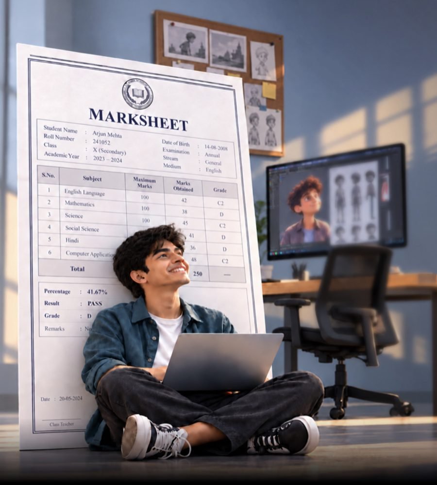 A student smiling beside a giant marksheet, Bharat Creator Scholarship by MAAC